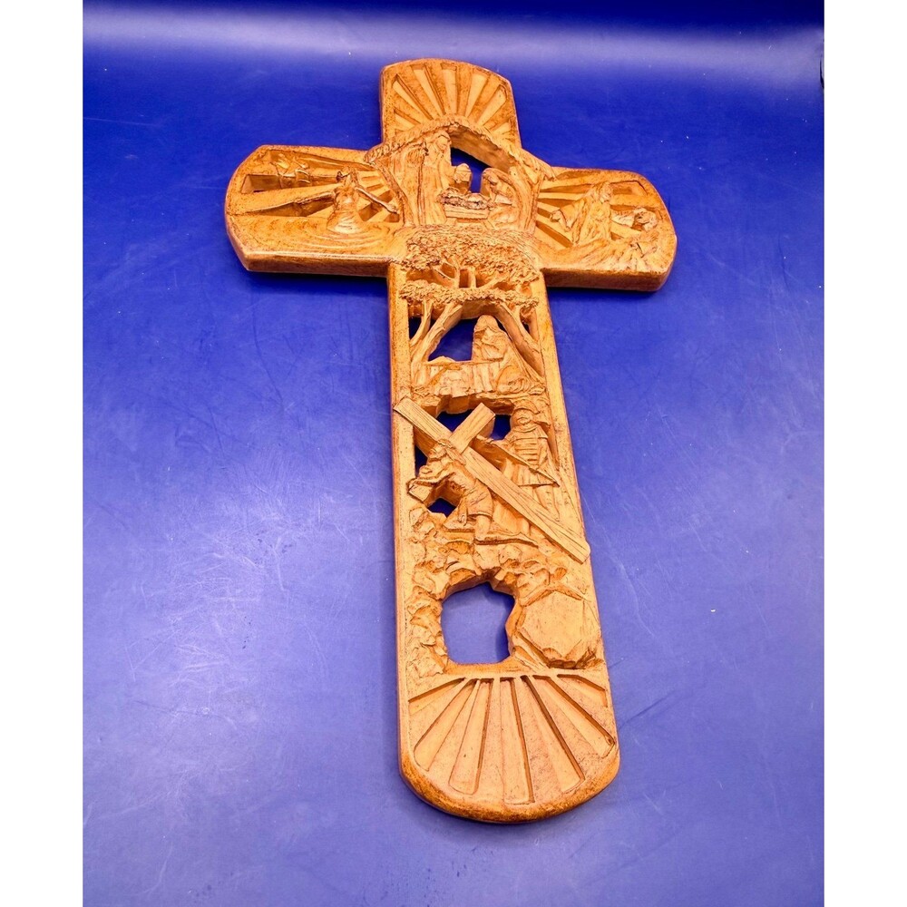 BeVintage Life of Jesus Resin Wall Cross - Nativity to Resurrection - Faux Wood